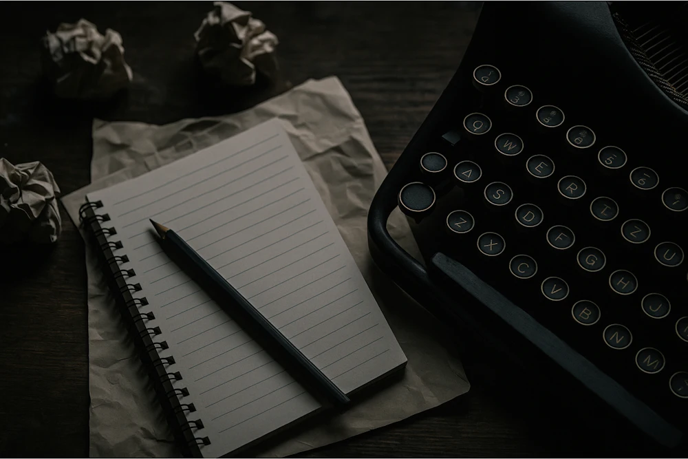 A notebook and pencil beside a vintage typewriter