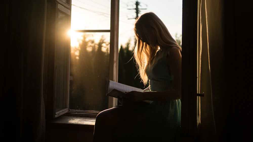 A reader sitting in a sunlit window with a book